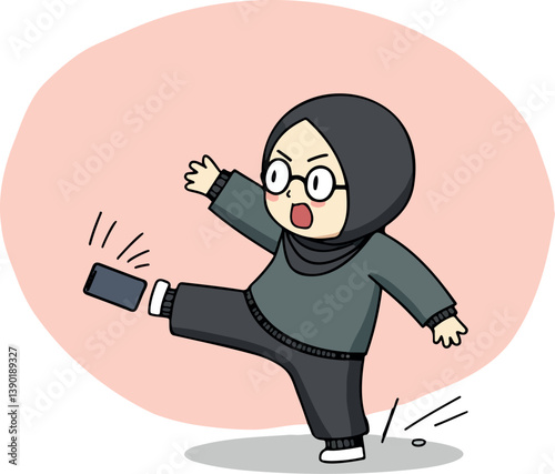 annoyed woman in hijab kicking her phone
