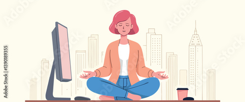 woman sits in a peaceful yoga pose at her modern workspace finding calm amidst the city skyline.
