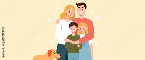 happy family with two children and a dog embracing affectionately