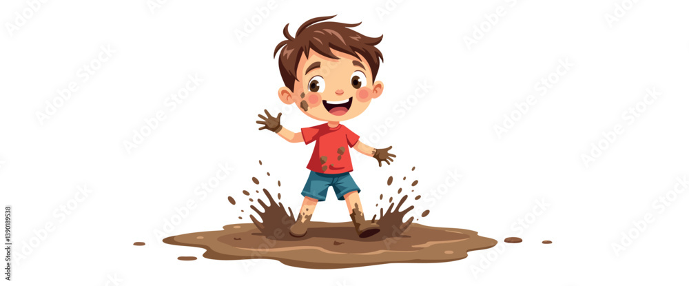 happy boy joyfully splashing in a mud puddle