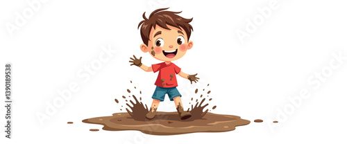 Obraz na płótnie happy boy joyfully splashing in a mud puddle w salonie