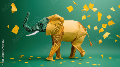 A yellow origami elephant with a green head and trunk stands on a green surface surrounded by scattered yellow paper.