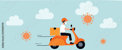 masked delivery person on scooter covid-era delivery
