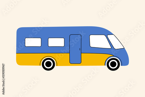 Camper bus illustration – colorful vector bus for outdoor adventure, hiking, travel, summer vacation, campsite, nature tourism, or wilderness exploration design themes. Flat cartoon style.