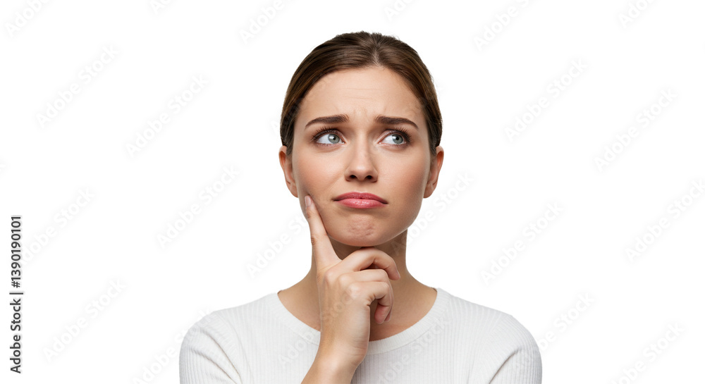 A young woman with fair skin is in deep thought, looking up and to the side with a pensive expression, hand on her chin, against black.