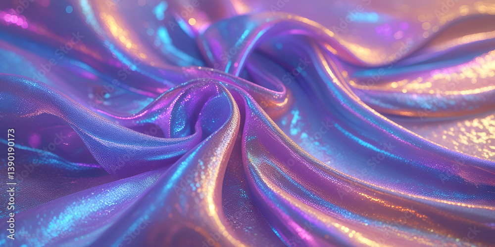 Obraz premium vibrant purple, blue, and golden hues, gracefully weaving across a textured, rippling surface with metallic reflections. The backdrop is a dreamy gradient blending abstract background with water drops