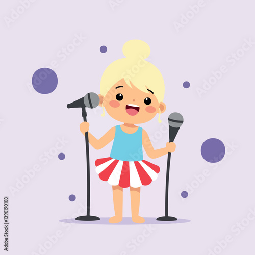 joyful young girl happily sings into two microphones