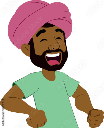 joyful man in a pink turban and green t-shirt laughs heartily