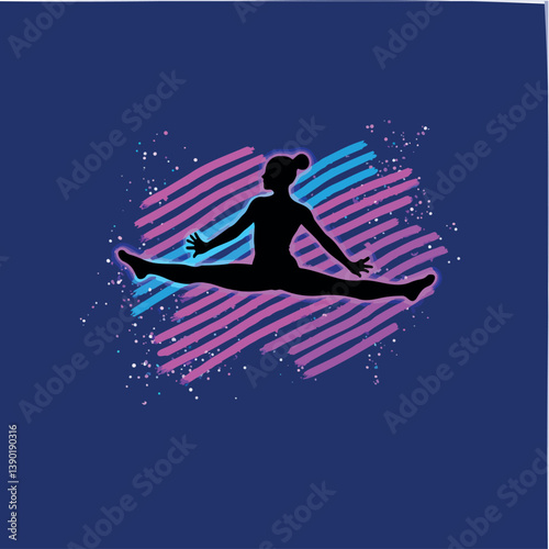 silhouette of a gymnast performing a splits against a vibrant pink and blue background