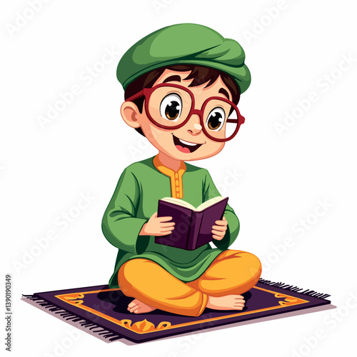 happy boy in green clothing sits on a prayer rug reading a book