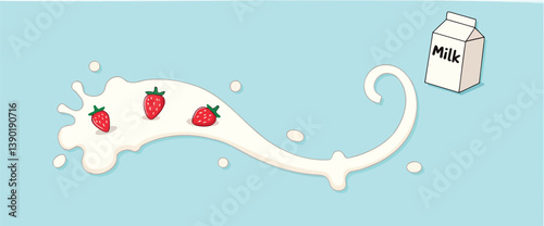 three strawberries in milk splash with carton