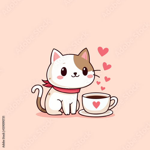 adorable cartoon cat enjoying coffee with hearts