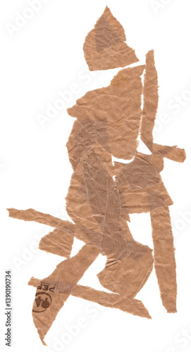 Torn brown paper scraps randomly scattered on transparent background. Rough texture and natural irregular edges