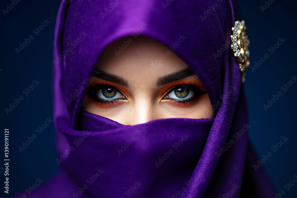 Naklejka premium Close-up of mysterious woman with striking green eyes wearing deep purple hijab and ornate accessory on dark background. Ai generative.