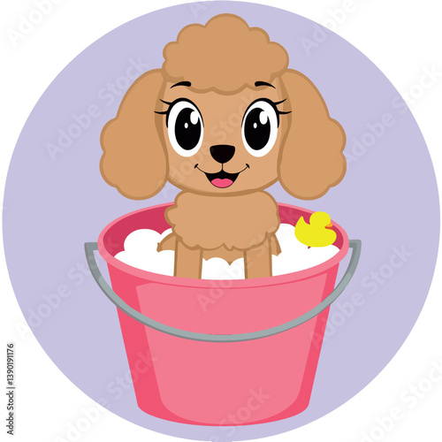 happy poodle taking a bubble bath in pink bucket