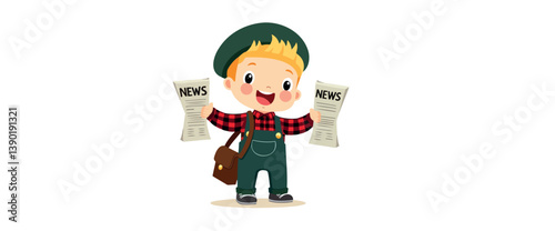 cheerful young boy in plaid overalls and a hat holds two newspapers