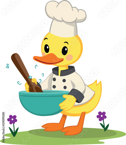 cheerful yellow duck wearing a chef's hat and uniform mixes ingredients in a teal bowl with a wooden spoon