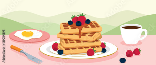 stack of golden waffles topped with fresh strawberries blueberries and caramel sauce served with a fried egg and coffee.