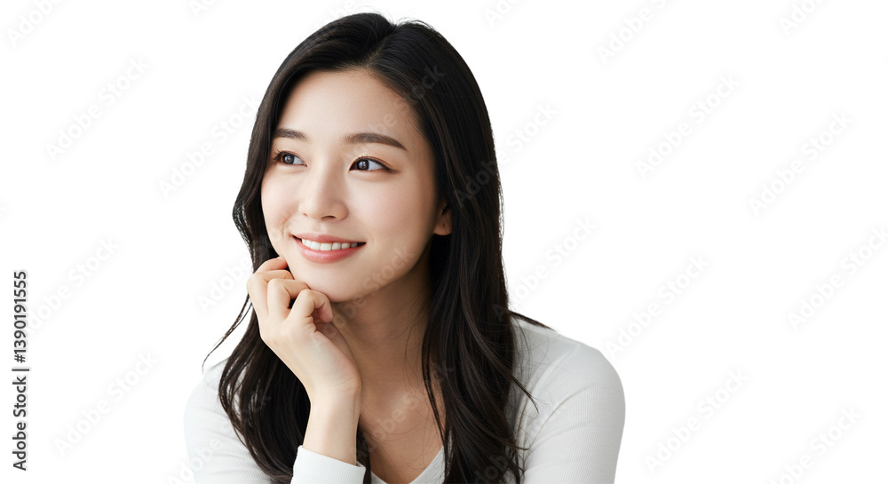 Portrait of a smiling woman with long, dark hair wearing a white top, gazing thoughtfully to the left with her hand gently touching her face. Portrait of a smiling woman with long, dark hair wearing a white top, gazing thoughtfully to the left with her hand gently touching her face.