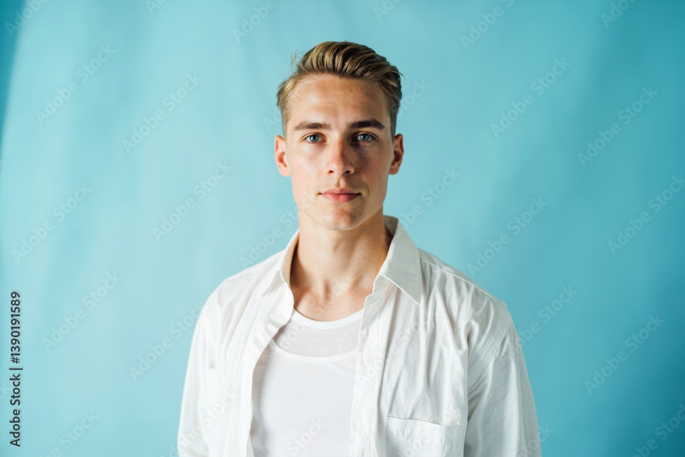 Fototapeta premium Confident young man in white shirt posing against light blue background in bright studio setting for fashion or lifestyle concept image.