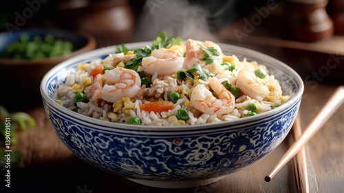 A steaming bowl of classic Chinese fried rice, featuring golden jasmine rice stir-fried with eggs, green onions, carrots, and peas.