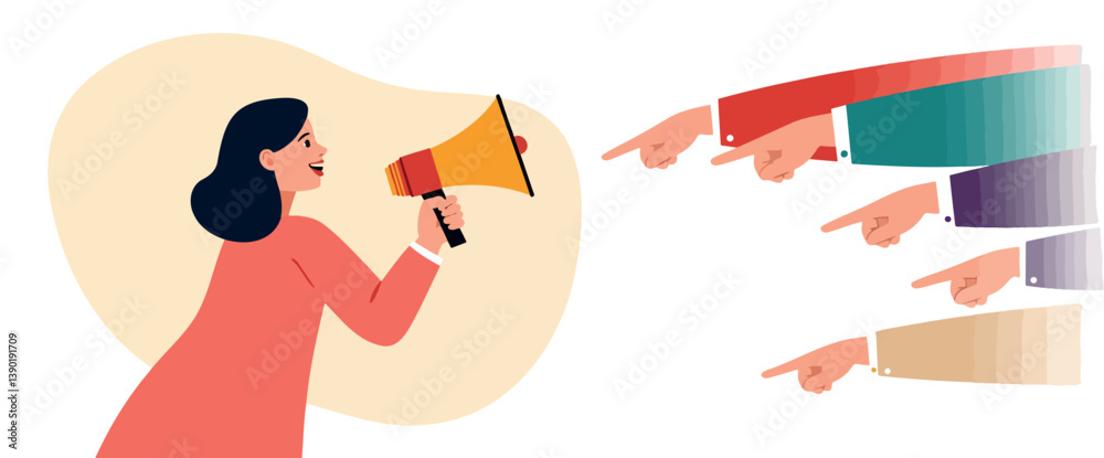 woman using a megaphone to make an announcement while multiple hands point towards her