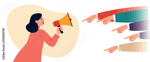 Obraz na płótnie woman using a megaphone to make an announcement while multiple hands point towards her w salonie