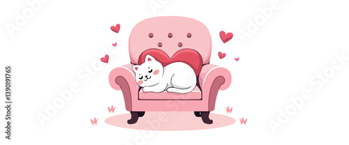 white cat napping on a pink armchair with heart-shaped cushion