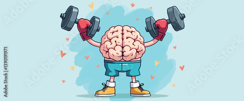 cartoon brain character weightlifting dumbbells symbolizing brain fitness and mental strength