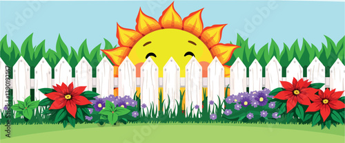 cheerful cartoon sun peeking over a white picket fence in a vibrant