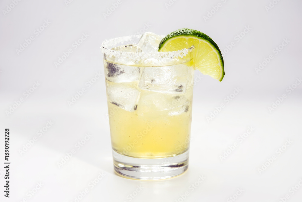 Refreshing cocktail drink with lime and ice cubes in glass on light background, creative composition of summer beverage concept. Refreshing cocktail drink with lime and ice cubes in glass on light background, creative composition of summer beverage concept.