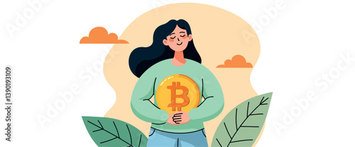 serene woman holding a golden bitcoin symbolizing financial security and digital wealth