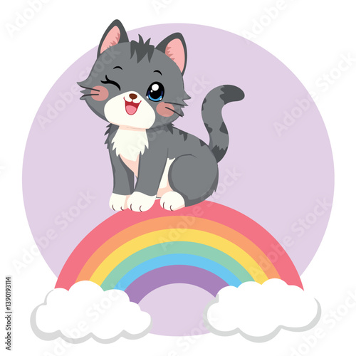 playful gray kitten sitting on a vibrant rainbow