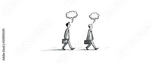 two pensive businessmen walking and carrying briefcases lost in thought