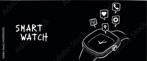 hand-drawn of a modern smartwatch with on black background