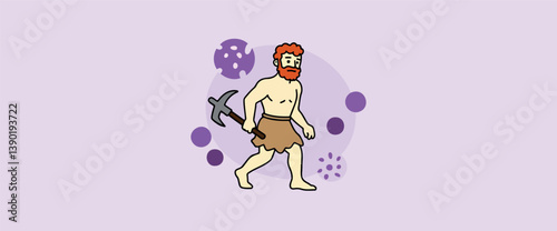strong caveman with red hair strides purposefully while carrying a primitive