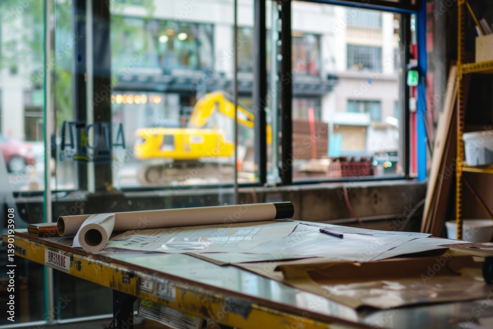 A construction office has planning materials on a desk and visible machinery outside A construction office has planning materials on a desk and visible machinery outside
