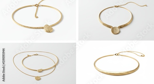 Four elegant golden matinee necklaces displayed on a pristine white backdrop