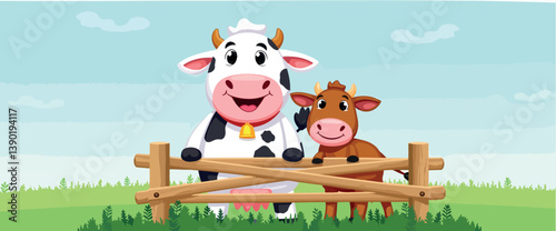 cheerful brown calf and a friendly black and white cow stand together behind a wooden fence in a sunny pasture.