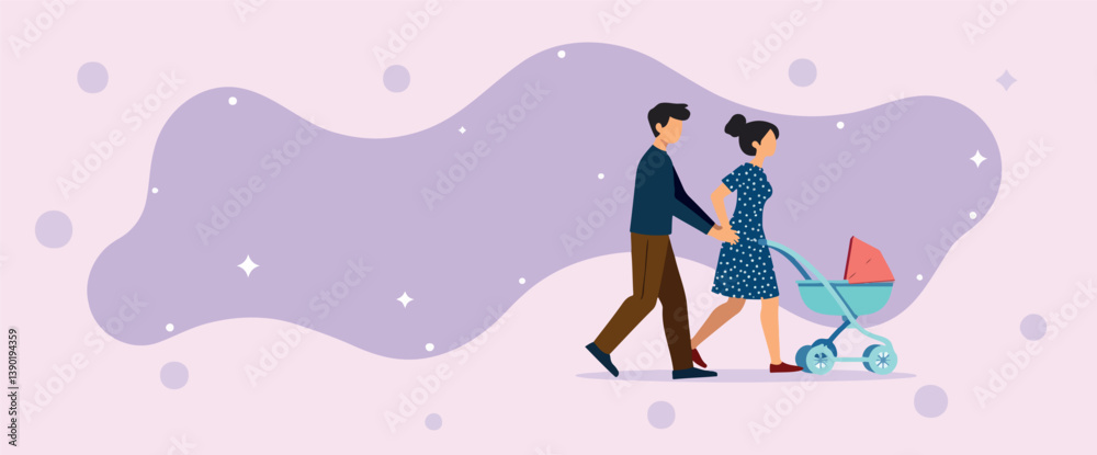 young couple happily strolls with their baby carriage