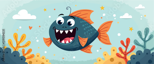 cheerful cartoon fish happily swims among colorful coral
