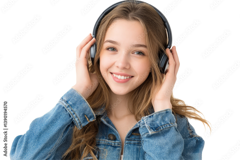 Smiling girl enjoying music with headphones indoors Smiling girl enjoying music with headphones indoors