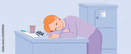 person in lavender clothing taking a peaceful rest on a pale blue desk