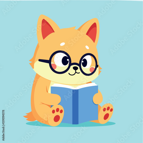 adorable puppy with glasses reading a book