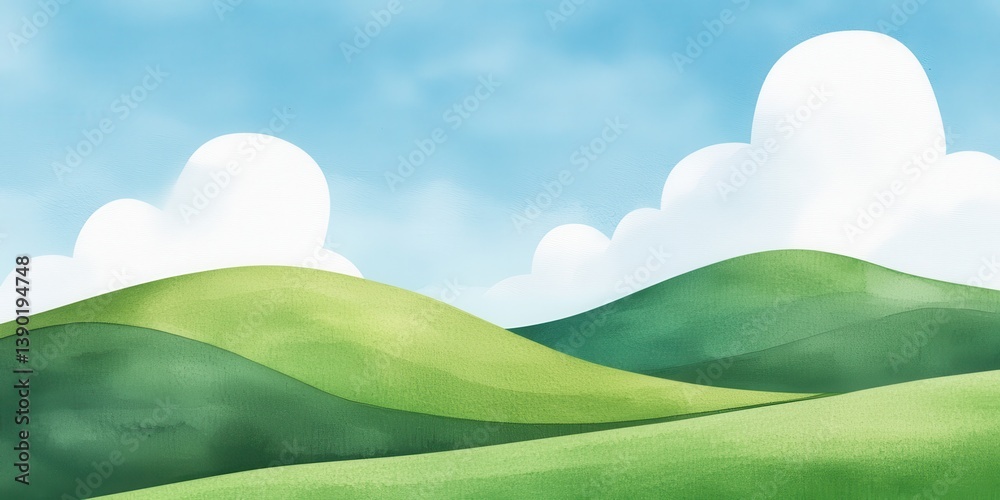 Obraz premium Watercolor Landscape: Rolling Hills and Cloudscape Illustration for Serene Backgrounds