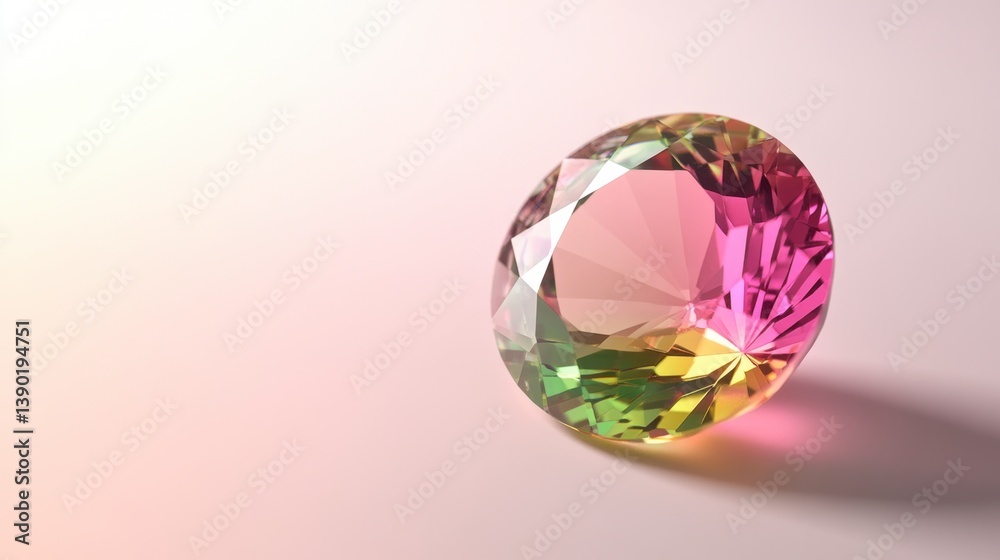 A colorful tourmaline gemstone in pink and green shades, perfectly centered on a white background. A colorful tourmaline gemstone in pink and green shades, perfectly centered on a white background.