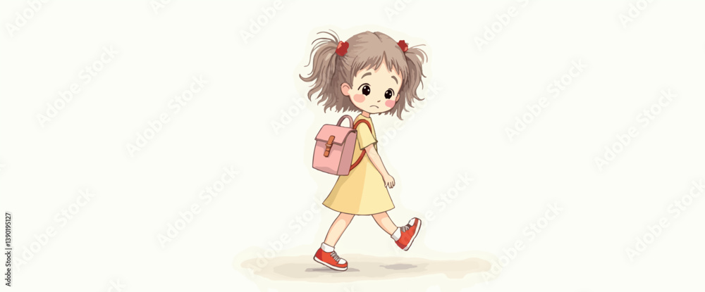 Fototapeta premium young girl in a yellow dress walks to school carrying a pink backpack