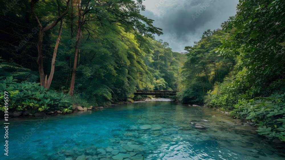 Naklejka premium Turquoise River Flowing Through Lush Green Forest with Wooden Bridge