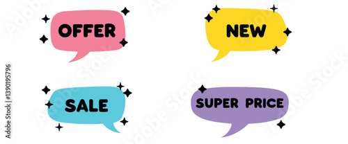 four colorful speech bubbles announcing offer new arrival sale and super price