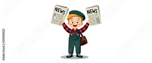 cheerful young boy holds up two newspapers conveying news in a lively cartoon